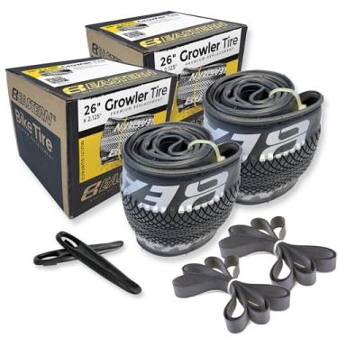 Imagem de Growler Tire Kits de substituição de pneu de 66 x 5,12 cm com ou sem tubos internos. Inclui ferramentas. Serve para bicicletas com aro ou rodas de 26 x 1,75 ou 26 x 2,125. (logotipo prateado, pacote