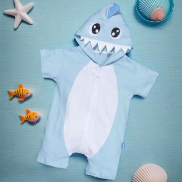 Imagem de Macacão Infantil Curto com Capuz Bordado Tubarão Azul Claro - Era Uma 