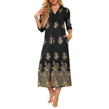 Imagem de Robe Ekouaer feminino com zíper, mangas 3/4, comprimento total, preto