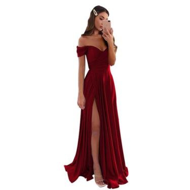 Imagem de Vestido de baile GODCUN Off Shoulder, de cetim, evasê, longo, vinho ti