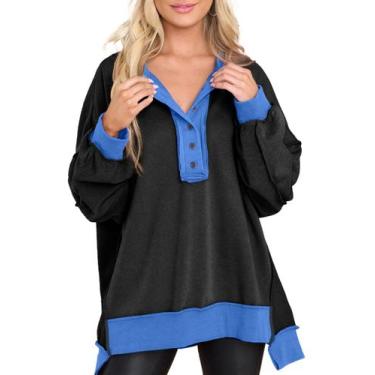 Imagem de Moletom feminino AlvaQ Colorblock com decote em V, botão 2GG, preto, a