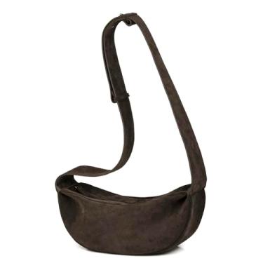 Imagem de Bolsas tiracolo de couro de camurça premium, bolsa Hobo minimalista para mulheres e bolsas de peito altamente mercerizado com alça larga, Café Leve