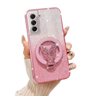 Imagem de Tesazxcn Capa de celular para Samsung Galaxy S21 FE [compatível com Magsafe] com suporte de borboleta e cordão de TPU macio brilhante transparente à prova de choque capa para Galaxy S21 FE, ouro rosa