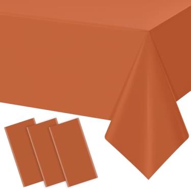 Imagem de YIDAKO 3 toalhas de mesa laranja para mesas retangulares, toalha de mesa de plástico descartável, capa de mesa à prova d'água para outono, dia de Ação de Graças, colheita, aniversários, casamentos