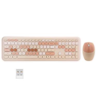 Imagem de Combo de teclado e mouse sem fio de tamanho completo, teclado de membrana silencioso fino e leve, lindas cores doces, sem fio USB de 2,4 G, compatível com notebook, PC (MilkTea)