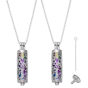 Imagem de PLIGREAT Colar cilíndrico de urna de árvore da vida, 2 peças, colar de cinzas, medalhão cilíndrico, suporte de cremação oco com frasco colorido para homens e mulheres, joias de cinzas