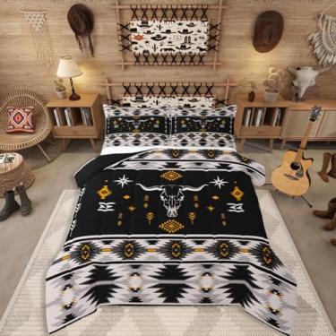Imagem de Erosebridal Jogo de cama de caveira de touro ocidental, boêmio, asteca do sudoeste, conjunto de edredom Queen Size para meninos e adolescentes, nativo étnico americano, colcha tribal rústica, 3 peças