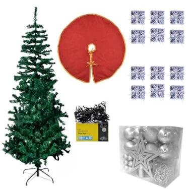 Imagem de Conjunto Natalino 59 Pçs, Árvore de Natal 150cm 420 Galhos, Kit Decoração e Enfeites, Saia P/Base, Pisca-pisca 100 LEDs, Bolas, Presentes, Festão (Prata)