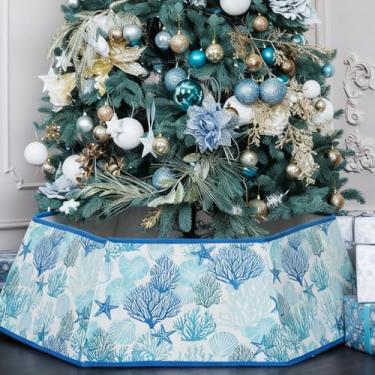 Imagem de Soulchen Saia com gola de árvore de Natal de 80 cm para praia, litoral, azul, tema de praia costeira, tecido hexagonal, gola de árvore de Natal, para árvores artificiais, reutilizável, decoração de