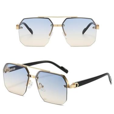 Imagem de JRLLFD Óculos de sol masculinos de metal, meia armação, estilo Rice Nails, casual, retrô, esportivo ao ar livre (azul e amarelo)