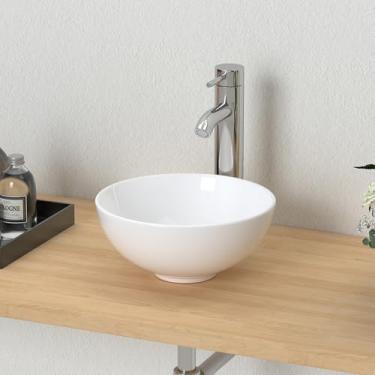 Imagem de J-FAMILY Lavatório de vaso pequeno de 28 cm para banheiro acima do balcão pia redonda de cerâmica branca pequena lavatório de mão
