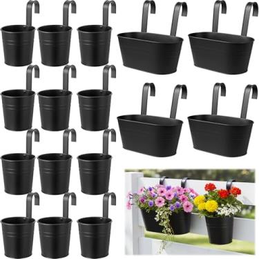 Imagem de Romooa 16 vasos de flores pendurados para uso ao ar livre, metal, ferro, parede, parede, cestos para trilhos, varanda, jardim, quintal, decoração interna com ganchos removíveis (preto)
