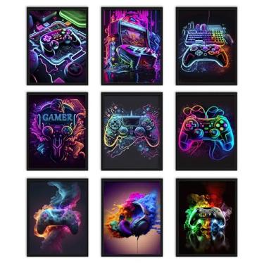 Imagem de MUWAK Conjunto de 9 arte de parede de pôsteres de jogos legais em tela – impressões de grafite neon gamepad, decoração de parede de jogos, imagens estéticas para quarto de adolescente, dormitório