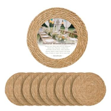 Imagem de Jogo americano redondo de tecido, conjunto de 10 tapetes de vime natural de 33 cm, jogo americano trançado de juta boho para uso ao ar livre, tapetes de mesa de vime, carregadores para pratos de