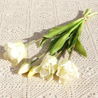 Imagem de Buquê de tulipas artificiais de látex com 5 cabeças/buquê, flores falsas com toque real, tulipas, decoração de casamento, festa, acessórios de decoração floral para casa (branco e verde)