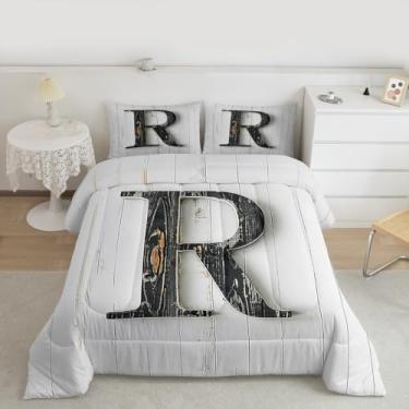 Imagem de Feelyou Conjunto de edredom com letra R, tamanho solteiro, personalizado, inicial R, presente para mulheres, adolescentes, edredom rústico, decoração de quarto de fazenda, arte moderna, 2 peças com 1