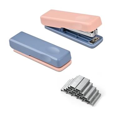 Imagem de Valtiner 2 mini grampeadores com 2000 grampeadores, pequenos grampeadores fofos para mesa, capacidade para 20 folhas, sem atolamento, grampeador portátil para material escolar de escritório (azul-rosa
