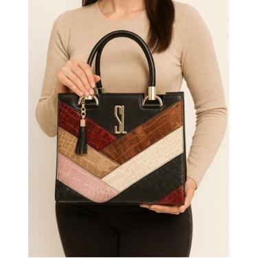 Imagem de Bolsa Feminina Castelo Croco Faixas Grande Sintético Forrada Tiracolo 