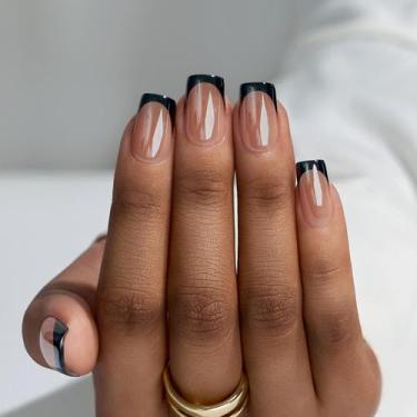 Imagem de Press on Nails Bartbox Black Chrome French Tip Short Square - BTArtbox
