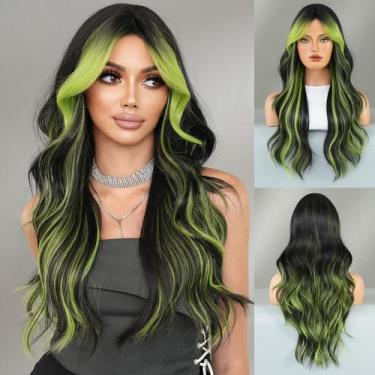 Imagem de Peruca TRUMOST preta verde ombre longa ondulada sintética 66 cm para m