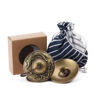 Imagem de Homelavie Pratos tibetanos Tingsha Sinos de meditação com dragão e fênix de 6,3 cm com sino em relevo com caixa de presente bolsa de pano com cordão para cura de som, ioga, instrumentos de meditação