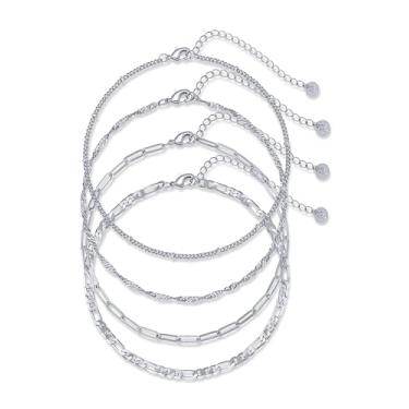 Imagem de PAVOI Conjunto de tornozeleira com contas e corrente banhada a ouro 14K para mulheres, joias leves de verão, 9" + 2" extender, Ouro branco, Sem Pedra Preciosa