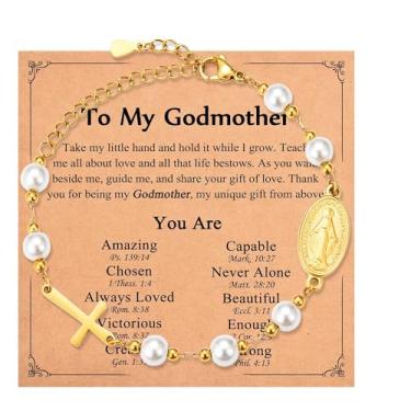 Imagem de IKIATY Presente de pedido de madrinha do afilhado, pulseira de rosário religiosa da Virgem Maria para mulheres com cartão, presentes católicos de aniversário, Natal, Páscoa, para madrinhas