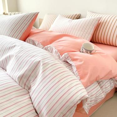 Imagem de EAVD Capa de edredom listrada rosa branca queen macia 100% algodão rosa listras verticais conjunto de cama com 2 fronhas padrão geométrico moderno capa de edredom com fecho de zíper