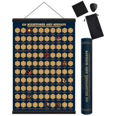 Imagem de CZYY Pôster de raspar DND Achievements - 100 Milestones and Mishaps RPG Campaign Tracker Arte de parede com gancho magnético, kit arranhador - Decoração de sala de jogos de fantasia e presente para