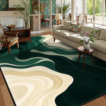 Imagem de AQQA Tapete de área 15 x 23 cm, verde e bege, abstrato lavável, revestimento antiderrapante, piso interno fino, grande, tapete de lã sintética para sala de estar, quarto, decoração de casa de fazenda