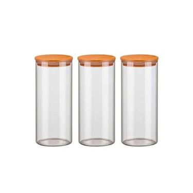 Imagem de Kit 3 Potes Vidro 1500Ml Hermético Tampa Madeira Bambu Porta