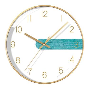 Imagem de ZYLBDNB Relógio de parede de grão de madeira com moldura de metal relógio de parede redondo não perturbe mudo relógio de parede para sala de estar nórdico pendurado em casa moderno minimalista relógio