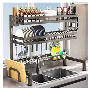 Imagem de CLLBANT Escorredor de pratos preto de 2 níveis para balcão de cozinha, escorredor de pratos sobre o lavatório, escorredor de pratos com suporte para tábua de cortar (cor: Neg