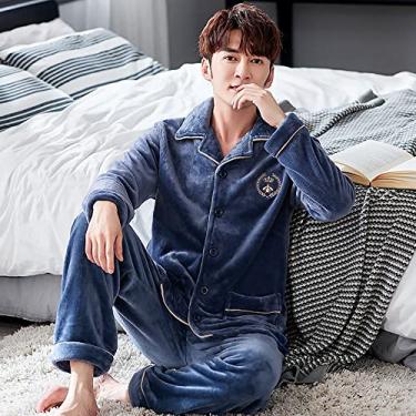 Imagem de ifgswopq Pijamas para homens conjuntos de pijama de flanela masculino inverno masculino conjunto de lounge quente grosso moda bordado listrado pijama masculino casual loungewear 3GG (cor: Tamanho Z