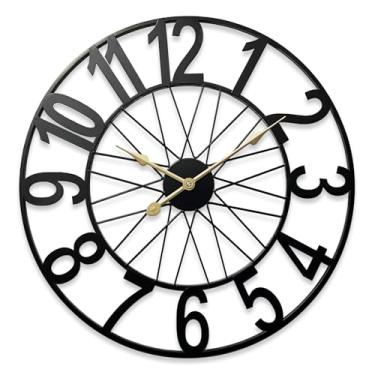 Imagem de SUKYING Relógio de parede grande, relógio de parede decorativo preto moderno silencioso sem tique-taque operado por bateria, relógio de metal com roda de 61 cm para pátio coberto ao ar livre, área de