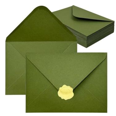 Imagem de YINUOYOUJIA Envelopes de papel especial verde oliva A7, 5 x 7 envelopes para convite, ótimo para cartões de convite de casamento, fotos, perfeito para aniversário, chá de bebê, formatura, Natal