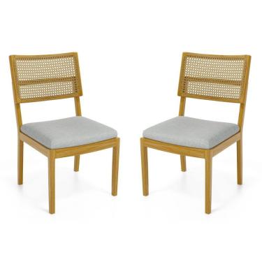 Imagem de Kit Com 2 Cadeiras Milena Madeira Maciça Assentos Estofados Encostos De Tela Palha Sextavada