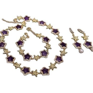 Imagem de SQGGMOAUSC Conjunto de brincos e colar de contas de ametista roxa em forma de estrela, One Size, Ágata