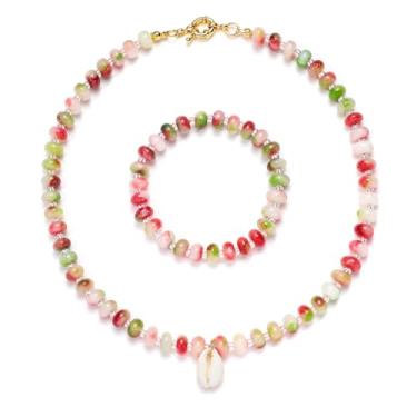 Imagem de AHLW Colar gargantilha com contas para mulheres, conjunto de pulseiras de colar de pedras preciosas coloridas boho feito à mão em tom natural acessórios de joias, Sem Pedra Preciosa