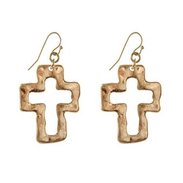 Imagem de Rosemarie & Jubalee Brincos femininos chiques estilo ocidental acabamento fosco com cruz de metal martelado religioso, 4,4 cm, Metal, sem pedras preciosas