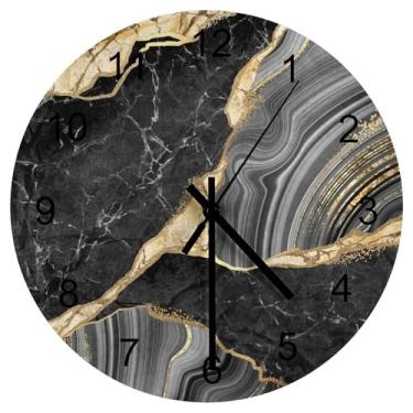 Imagem de LOMADIA Relógio de parede de mármore, moderno abstrato folha textura de pedra preto dourado cinza mármore relógios redondos decoração de parede silencioso sem tique-taque 30 cm relógio de madeira para