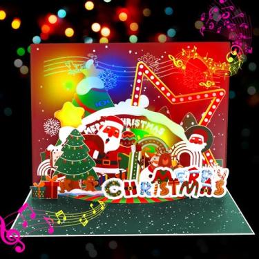 Imagem de GREETING ART Cartão musical de Natal, Papai Noel, boneco de neve, cartão pop-up de árvore de Natal, cartões comemorativos 3D para homens, mulheres