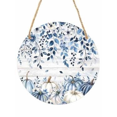 Imagem de Placa de boas-vindas de abóbora azul branca para decoração de porta da frente 15 cm outono floral folha de eucalipto redondo acrílico pendurado placa de boas-vindas decorações para casa/varanda