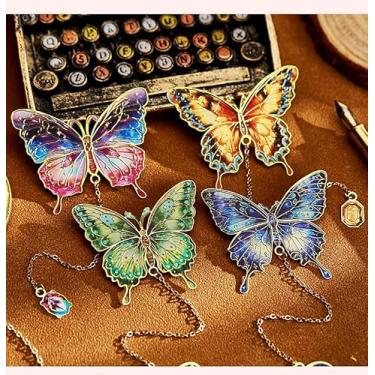 Imagem de 4 marcadores de página de borboleta de metal, clipes dourados, tema de pintura a óleo para amantes de livros, escritoras e leitoras