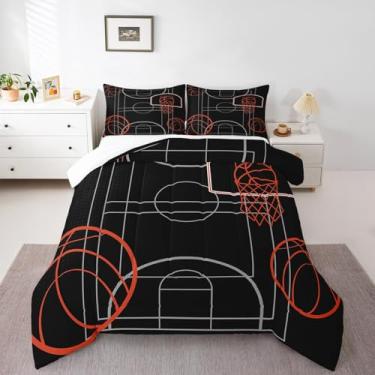 Imagem de Manfei Jogo de cama King com tema de jogos esportivos, para decoração de quarto de crianças, meninos, edredom de quadra de basquete preto, conjunto de colcha de poliéster macio, 2 fronhas