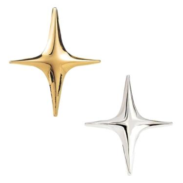 Imagem de Broche de estrela de 2 peças, broche de lapela de estrela de liga dourada e prata elegante com quatro pontas para mulheres, homens, camisas, casacos, roupas, chapéus, bolsas