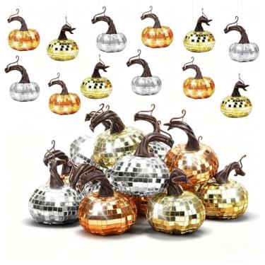 Imagem de Zealor 12 peças de bola de discoteca de abóbora para Halloween, 6 cm, espelho artificial pequeno, em forma de abóbora, bola de discoteca refletiva, enfeites de mesa com glitter, centro de mesa para