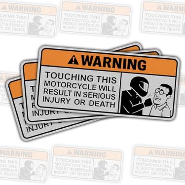 Imagem de Aviso de 3 peças – Tocar esta motocicleta resultará em ferimentos graves ou adesivo de morte, decalque de segurança vinil à prova d'água para capacete, bicicleta, laptop, caixa de ferramentas