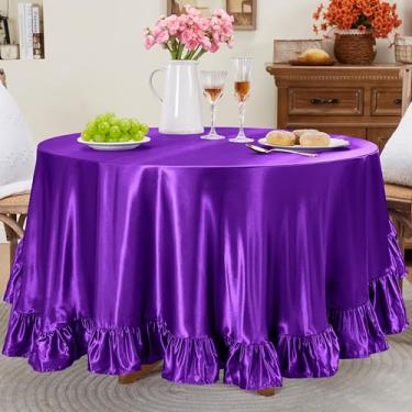 Imagem de Entisn Toalha de mesa redonda com babados de 300 cm. A capa de mesa de cetim roxo inclui acabamento de 12 cm para mesa de 152 a 232 cm, lavável e resistente a amassados, decoração sedosa para banquete