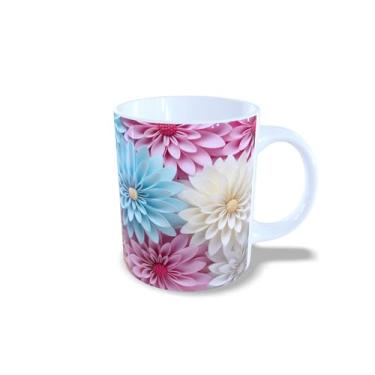 Imagem de Caneca de Cerâmica com Estampa Floral 3D, Branca, 325ml, Design Moderno com Flores Coloridas (14125)